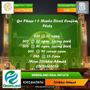 5 Marla Residential Plot for Sale in Golf Phase 1 -  Bahria Town, Lahore - (BP-283723)