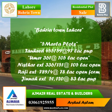 5 Marla Residential Plot for Sale in Bahria Town, Lahore - (BP-283942)