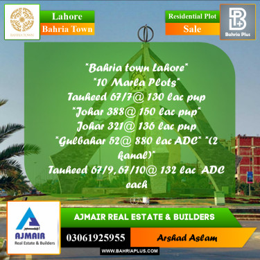 10 Marla Residential Plot for Sale in Bahria Town, Lahore - (BP-283943)