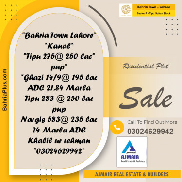 20 Kanal Residential Plot for Sale in Sector F - Tipu Sultan Block -  Bahria Town, Lahore - (BP-283986)