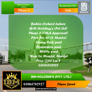 8 Marla Residential Plot for Sale in Phase 3 -  Bahria Orchard, Lahore - (BP-284059)