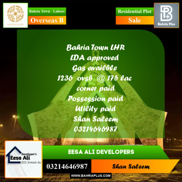 10 Marla Residential Plot for Sale in Overseas B -  Bahria Town, Lahore - (BP-284064)