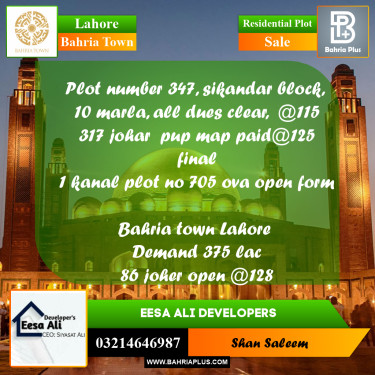 Residential Plot for Sale in Bahria Town, Lahore - (BP-284078)