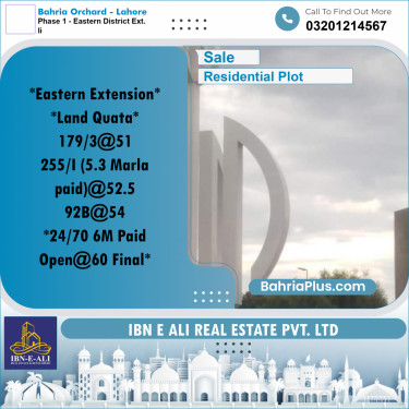 5 Marla Residential Plot for Sale in Phase 1 - Eastern District Ext. II -  Bahria Orchard, Lahore - (BP-284235)