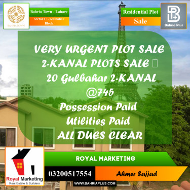 2 Kanal Residential Plot for Sale in Sector C - Gulbahar Block -  Bahria Town, Lahore - (BP-284266)