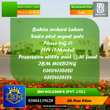 5 Marla Residential Plot for Sale in Phase 4 - G6 Block -  Bahria Orchard, Lahore - (BP-284334)