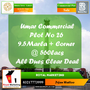 9.5 Marla Commercial Plot for Sale in Sector B - Umer Commercial -  Bahria Town, Lahore - (BP-284872)