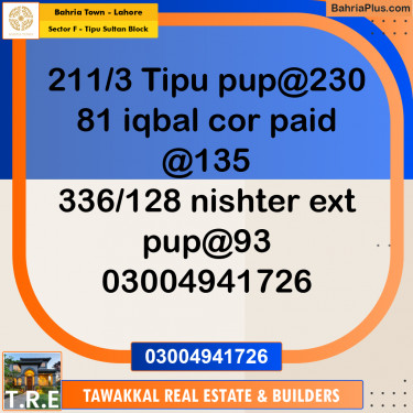 1 Kanal Residential Plot for Sale in Sector F - Tipu Sultan Block -  Bahria Town, Lahore - (BP-284900)