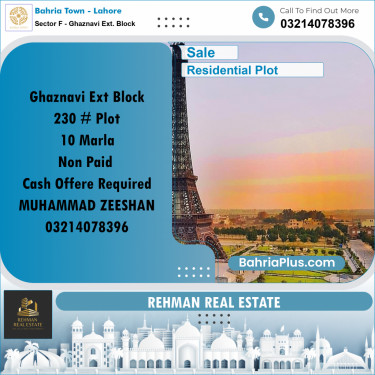10 Marla Residential Plot for Sale in Sector F - Ghaznavi Ext. Block -  Bahria Town, Lahore - (BP-284986)