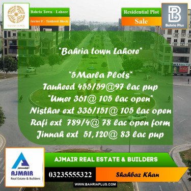 10 Marla Residential Plot for Sale in Sector F - Tauheed Block -  Bahria Town, Lahore - (BP-285042)
