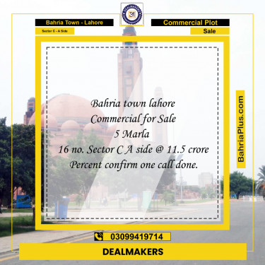 5 Marla Commercial Plot for Sale in Sector C - A Side -  Bahria Town, Lahore - (BP-285115)