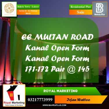 20 Marla Residential Plot for Sale in Sector D - EE Multan Block -  Bahria Town, Lahore - (BP-285175)