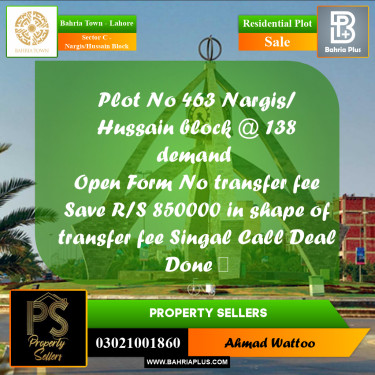 10 Marla Residential Plot for Sale in Sector C - Nargis/Hussain Block -  Bahria Town, Lahore - (BP-285310)