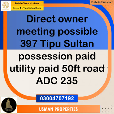 1 Kanal Residential Plot for Sale in Sector F - Tipu Sultan Block -  Bahria Town, Lahore - (BP-285926)