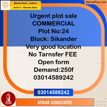 10 Marla Residential Plot for Sale in Sector F - Sikander Block -  Bahria Town, Lahore - (BP-285932)
