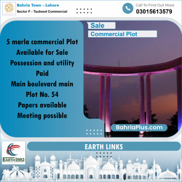 5 Marla Commercial Plot for Sale in Sector F - Tauheed Commercial -  Bahria Town, Lahore - (BP-286044)