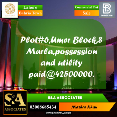8 Marla Commercial Plot for Sale in Bahria Town, Lahore - (BP-286363)