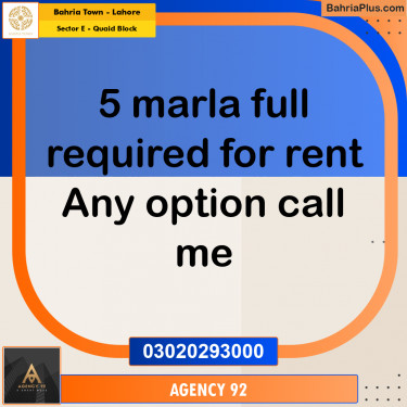 5 Marla Residential House for Rent in Sector E - Quaid Block -  Bahria Town, Lahore - (BP-286388)
