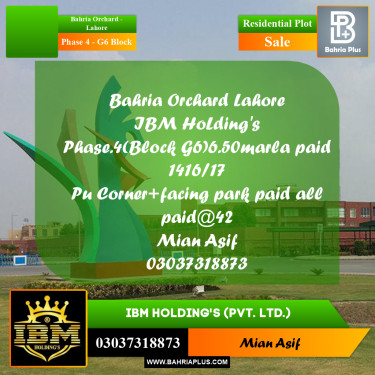 6 Marla Residential Plot for Sale in Phase 4 - G6 Block -  Bahria Orchard, Lahore - (BP-286509)