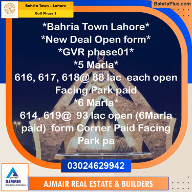 5 Marla Residential Plot for Sale in Golf Phase 1 -  Bahria Town, Lahore - (BP-286526)