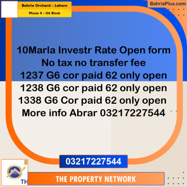 10 Marla Residential Plot for Sale in Phase 4 - G6 Block -  Bahria Orchard, Lahore - (BP-286574)