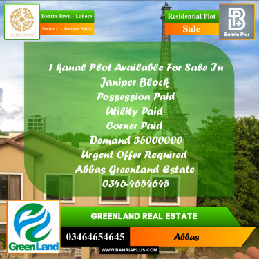 1 Kanal Residential Plot for Sale in Sector C - Janiper Block -  Bahria Town, Lahore - (BP-286607)