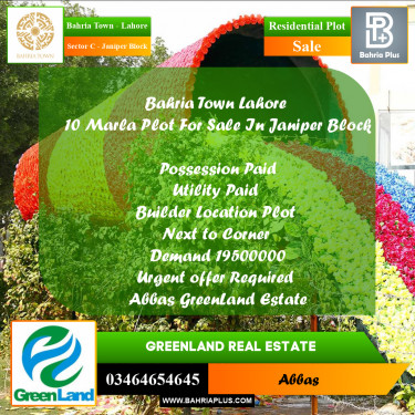 10 Marla Residential Plot for Sale in Sector C - Janiper Block -  Bahria Town, Lahore - (BP-286742)