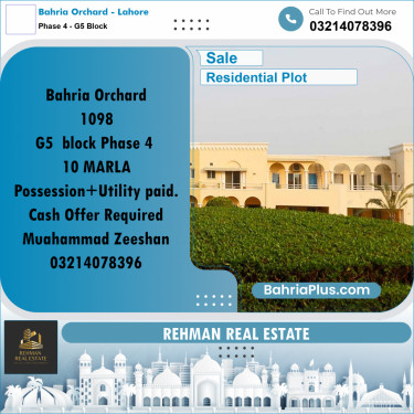10 Marla Residential Plot for Sale in Phase 4 - G5 Block -  Bahria Orchard, Lahore - (BP-286790)