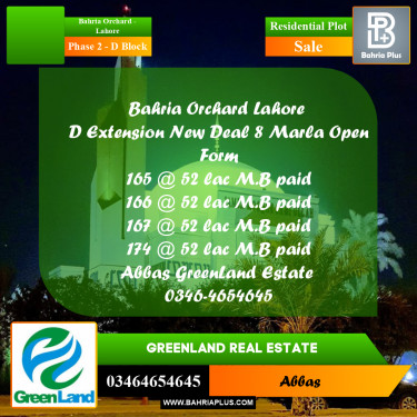8 Marla Residential Plot for Sale in Phase 2 - D Block -  Bahria Orchard, Lahore - (BP-286814)