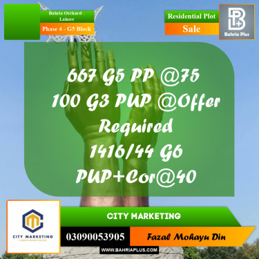 10 Marla Residential Plot for Sale in Phase 4 - G5 Block -  Bahria Orchard, Lahore - (BP-286872)