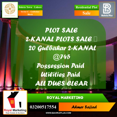 2 Kanal Residential Plot for Sale in Sector C - Gulbahar Block -  Bahria Town, Lahore - (BP-287309)
