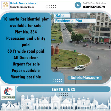 10 Marla Residential Plot for Sale in Sector E - Nishtar Block -  Bahria Town, Lahore - (BP-287352)