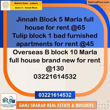 5 Marla Residential House for Rent in Sector E - Jinnah Block -  Bahria Town, Lahore - (BP-287643)