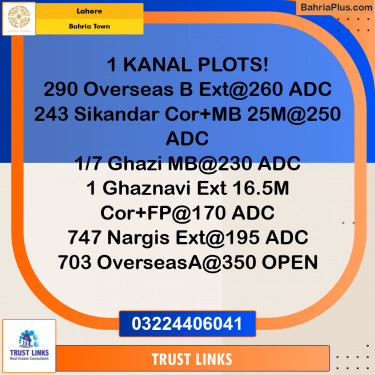 1 Kanal Residential Plot for Sale in Bahria Town, Lahore - (BP-287724)