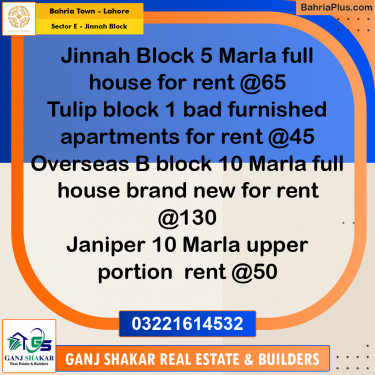 5 Marla Residential House for Rent in Sector E - Jinnah Block -  Bahria Town, Lahore - (BP-287744)