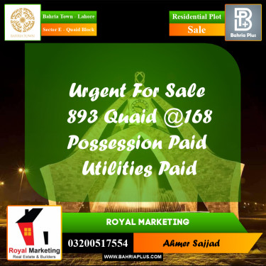 Residential Plot for Sale in Sector E - Quaid Block -  Bahria Town, Lahore - (BP-287788)