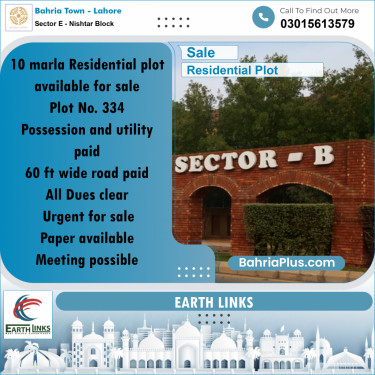 10 Marla Residential Plot for Sale in Sector E - Nishtar Block -  Bahria Town, Lahore - (BP-287966)