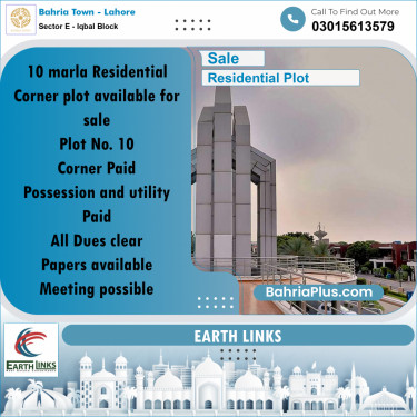 10 Marla Residential Plot for Sale in Sector E - Iqbal Block -  Bahria Town, Lahore - (BP-287969)
