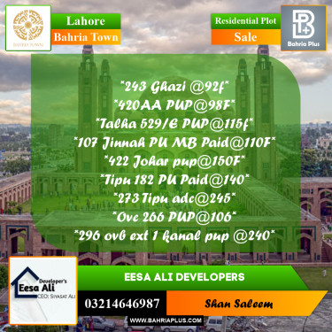 Residential Plot for Sale in Bahria Town, Lahore - (BP-288024)