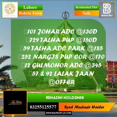 Residential Plot for Sale in Bahria Town, Lahore - (BP-288101)