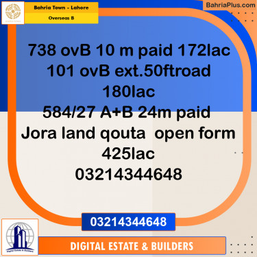 10 Marla Residential Plot for Sale in Overseas B -  Bahria Town, Lahore - (BP-288296)
