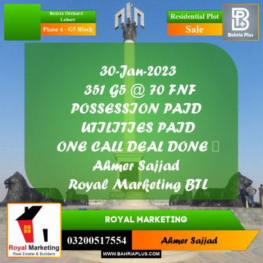10 Marla Residential Plot for Sale in Phase 4 - G5 Block -  Bahria Orchard, Lahore - (BP-288415)