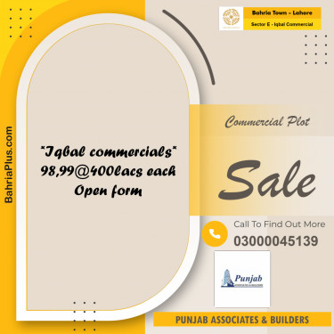 5 Marla Commercial Plot for Sale in Sector E - Iqbal Commercial -  Bahria Town, Lahore - (BP-288456)