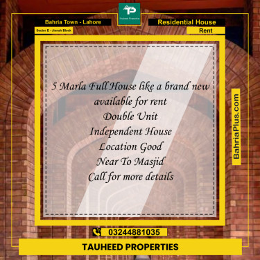 5 Marla Residential House for Rent in Sector E - Jinnah Block -  Bahria Town, Lahore - (BP-288607)
