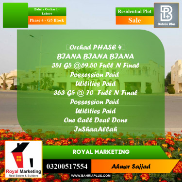 10 Marla Residential Plot for Sale in Phase 4 - G5 Block -  Bahria Orchard, Lahore - (BP-288632)