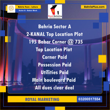 2 Kanal Residential Plot for Sale in Sector A - Babar Block -  Bahria Town, Lahore - (BP-288652)