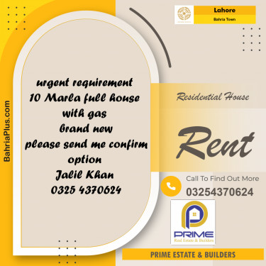 10 Marla Residential House for Rent in Bahria Town, Lahore - (BP-288697)