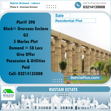 5 Marla Residential Plot for Sale in Phase 4 - Overseas Enclave -  Bahria Orchard, Lahore - (BP-288702)