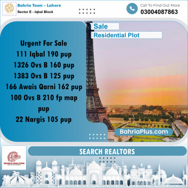 10 Marla Residential Plot for Sale in Sector E - Iqbal Block -  Bahria Town, Lahore - (BP-288775)