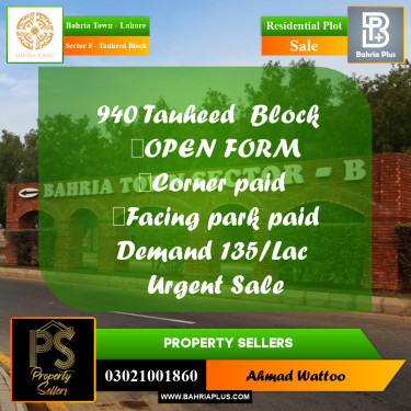 10 Marla Residential Plot for Sale in Sector F - Tauheed Block -  Bahria Town, Lahore - (BP-288776)
